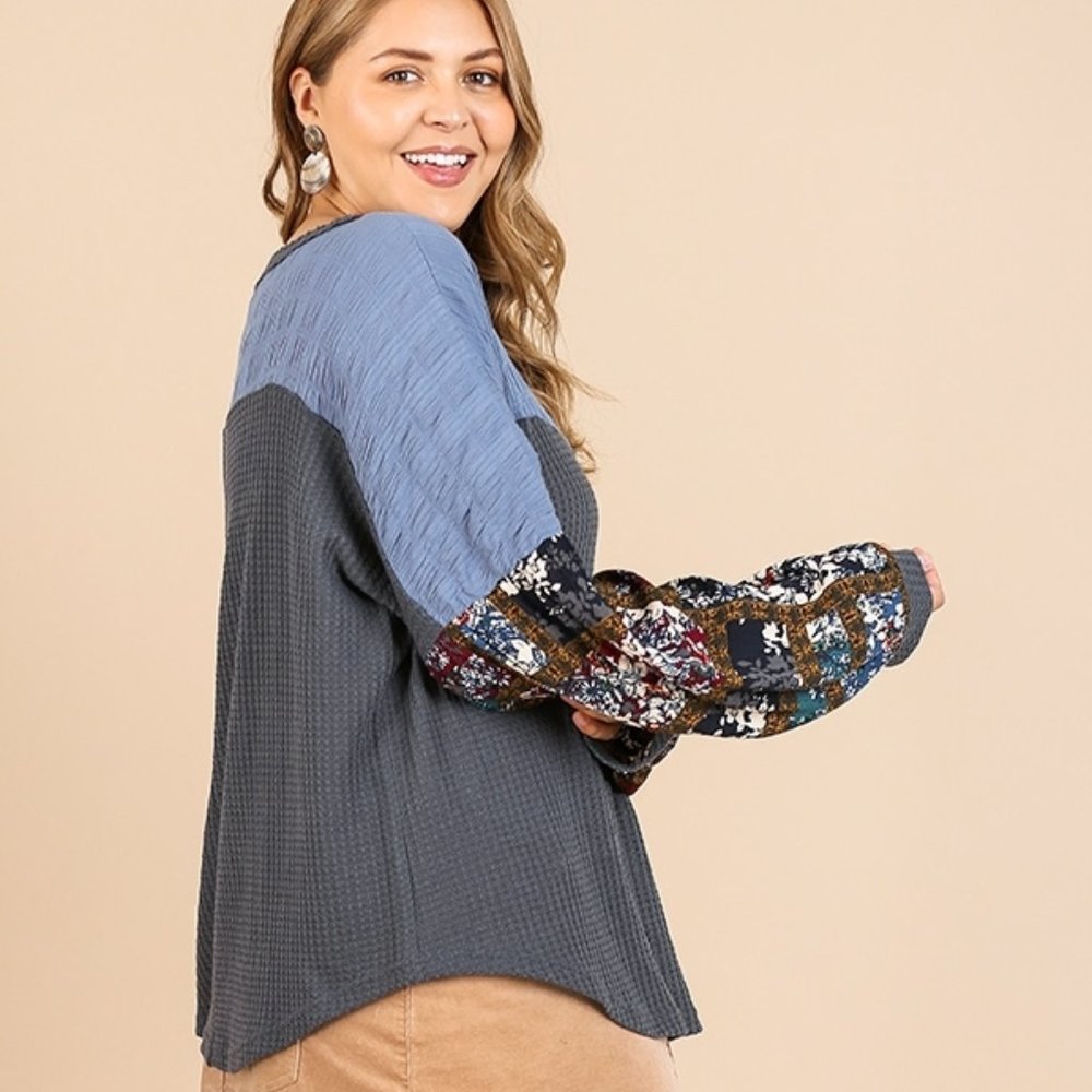 New UMGEE 1XL Floral Mixed Color block Print Long Sleeve Waffle Knit Top - Picture 2 of 6